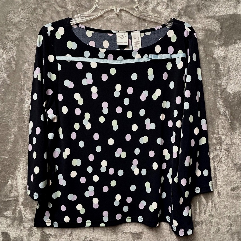 Emma James Liz Claiborne Company Navy Blue Polka Dot 3/4 Sleeve Bow Detail Top L